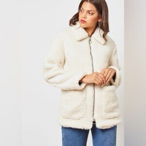Topshop Cream Zip Up Teddy Jacket Size 4 90’s Style Collared NWT Casual Fall